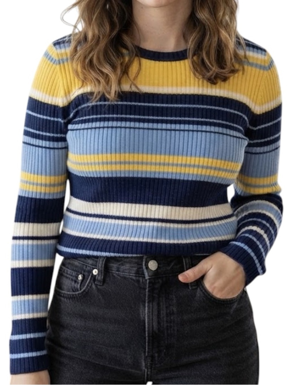 VINTAGE Blue Yellow Knit Varsity Stripe Sweater Small Preppy College Y2K